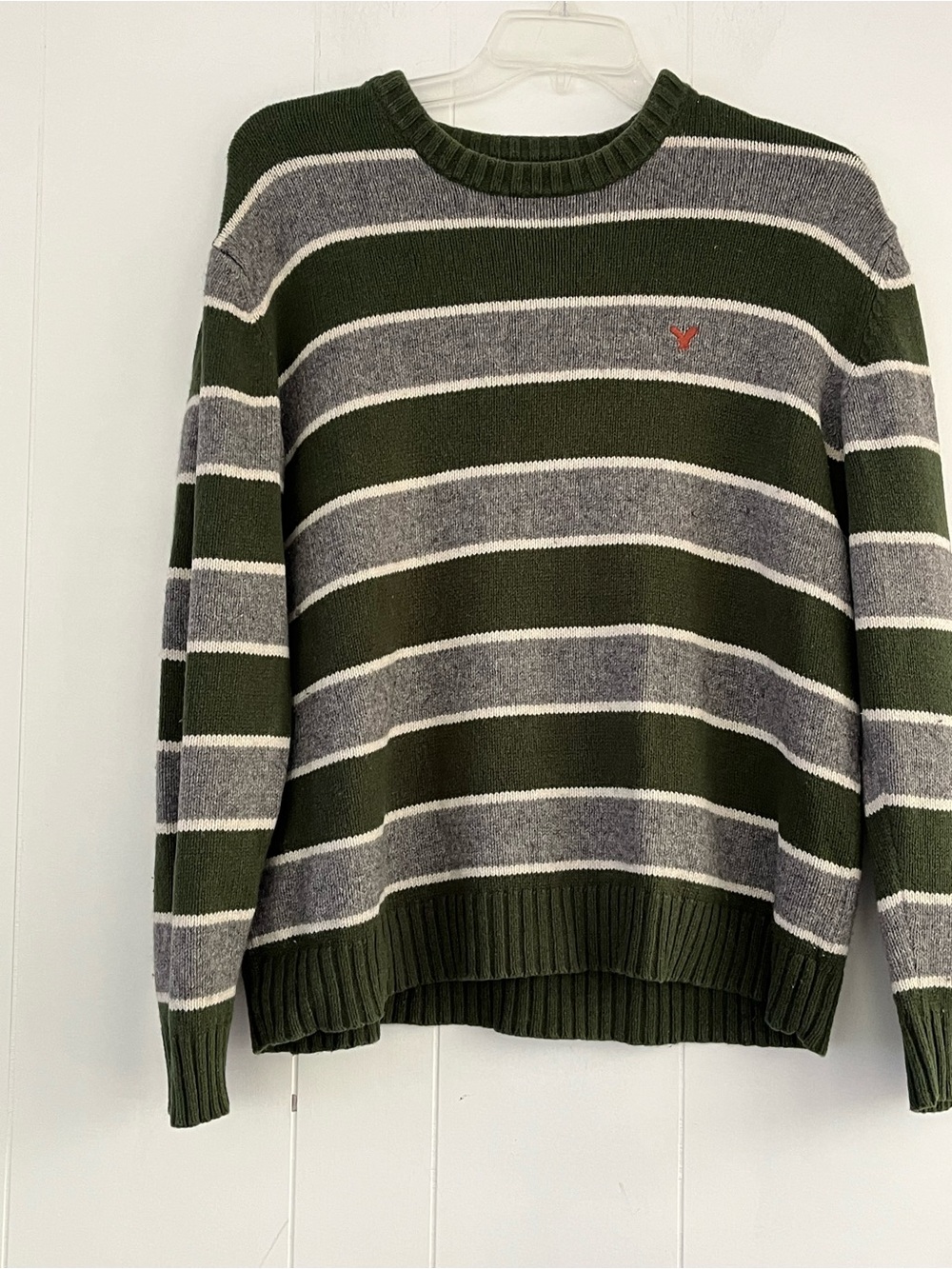 Y2K American Eagle Mens XL Green Gray Stripe Wool Blend Crewneck Sweater Vintage - Picture 2 of 12